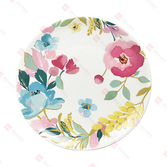 PORCELAIN  PLATE WITH
WATERCOLOR FLOWERS DECAL
