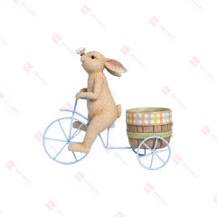 RESIN BUNNY ON A METAL BIKE PLANTER