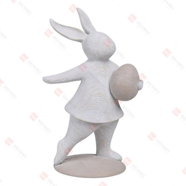 RESIN WOOD TURN BUNNY HOLDING EGG TABLE DECO