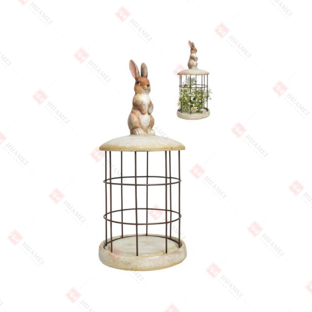 RESIN RABBIT STANDING ON METAL BASKET