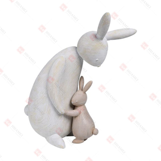 RESIN WOODEN-FINISH MOTHER & CHILD RABBIT TABLE DECO