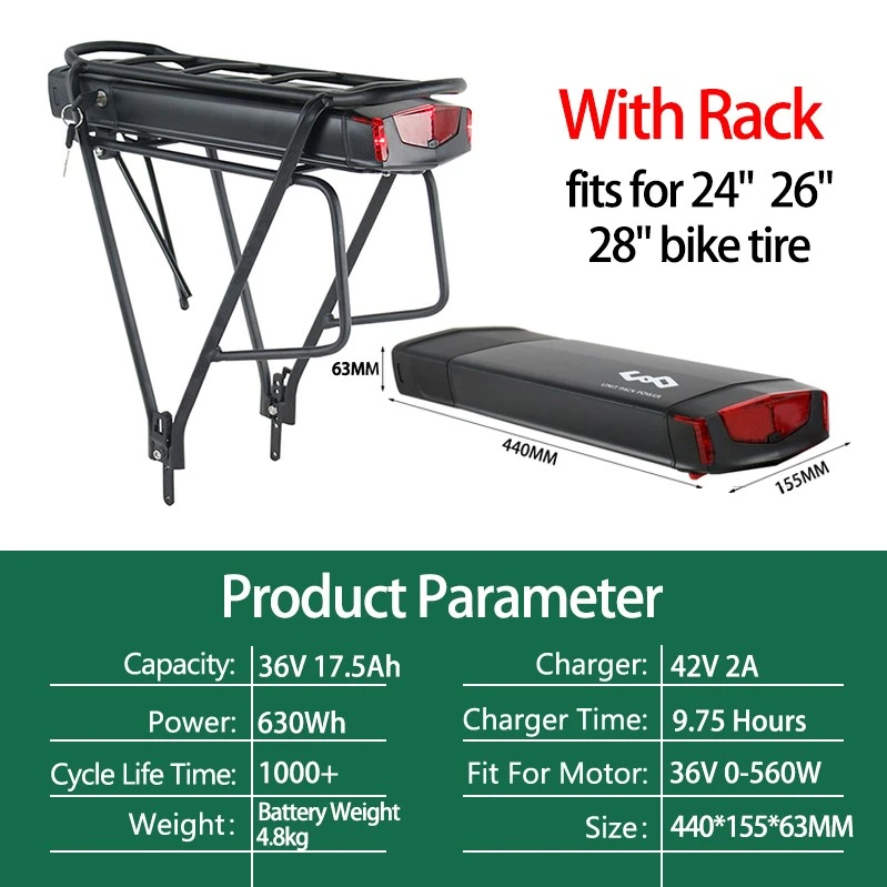 R006 Rear Rack eBike Battery 36V 10Ah 15Ah 17.5Ah 48V 12.5Ah Battery Pack With Double Luggage Carrier for 750W 500W 350W 250W Motor
