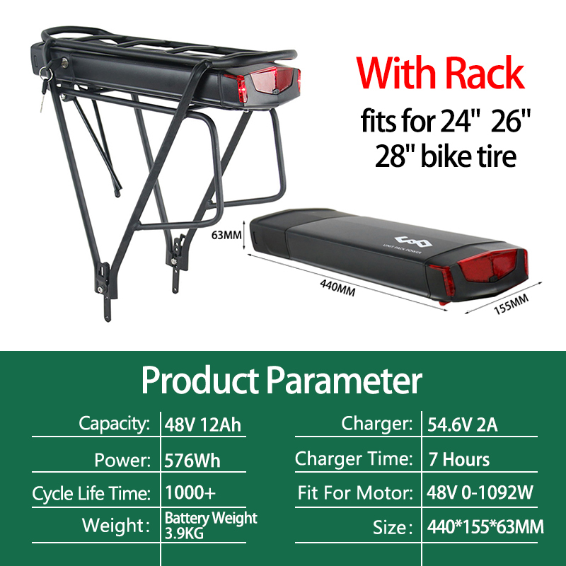 R006 Rear Rack eBike Battery 36V 10Ah 15Ah 17.5Ah 48V 12.5Ah Battery Pack With Luggage Carrier for 750W 500W 350W 250W Motor