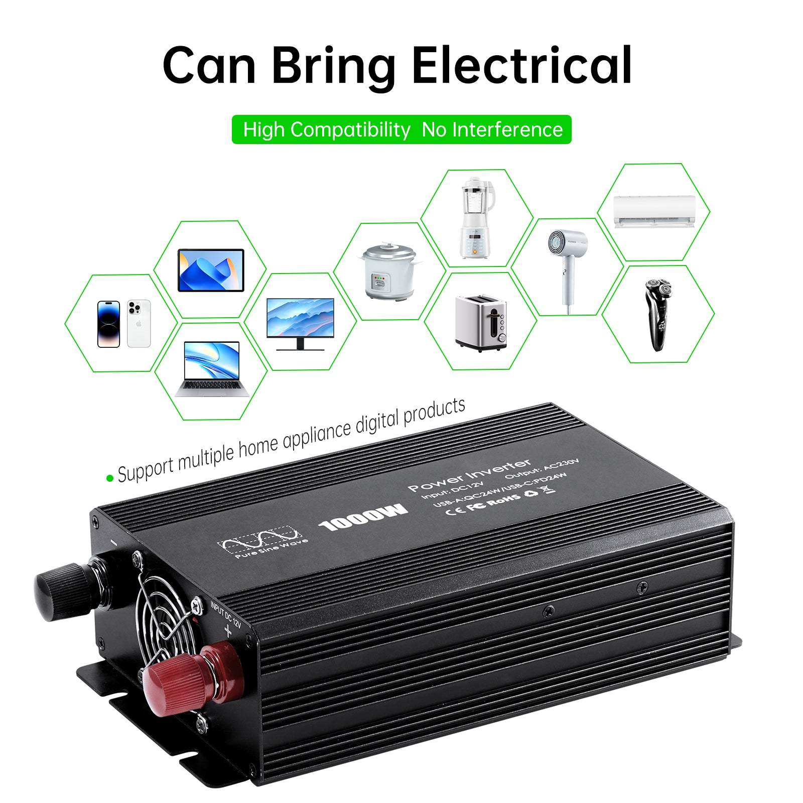 Pure sine Inverter 1000w,12v DC to 110v Power Inverters for 1000 watt with Dual AC Outlets 3.0A USB and Type-C【US stock】