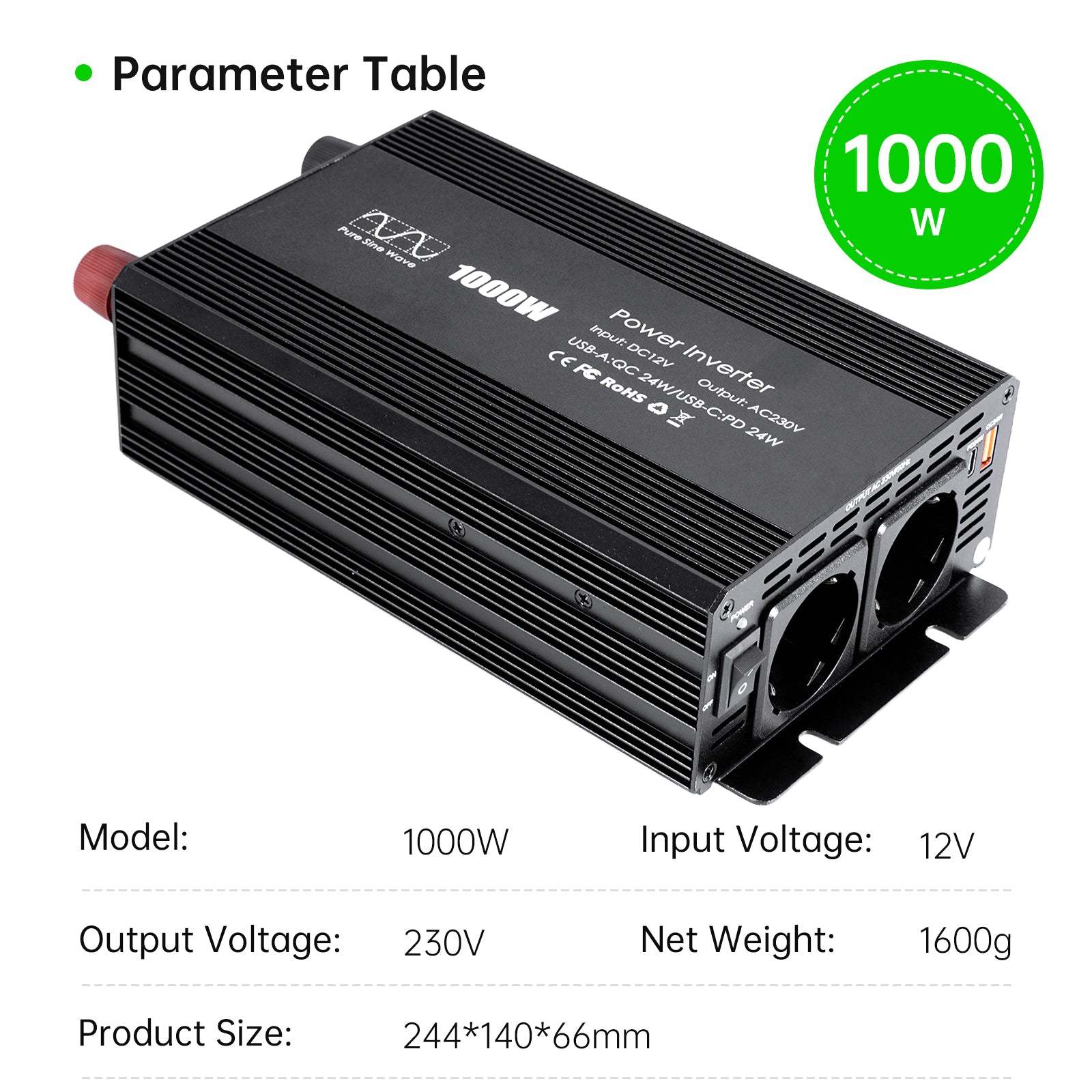 Pure sine Inverter 1000w,12v DC to 110v Power Inverters for 1000 watt with Dual AC Outlets 3.0A USB and Type-C【US stock】
