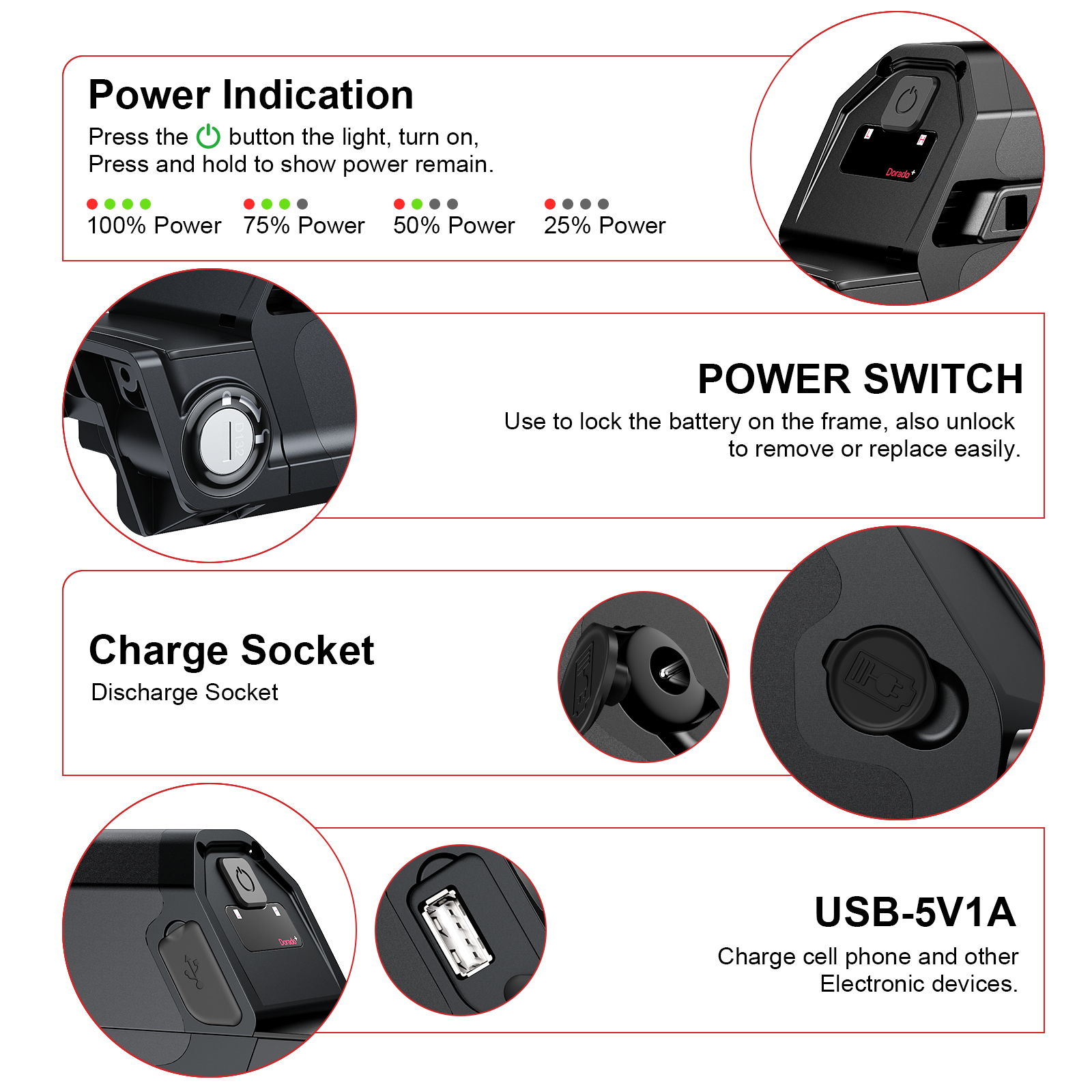 R009 48V 13AH Dorado Bicycle lithium battery 18650 2500mAh Cells for 0-1000w motor with 2A charger/EU stock