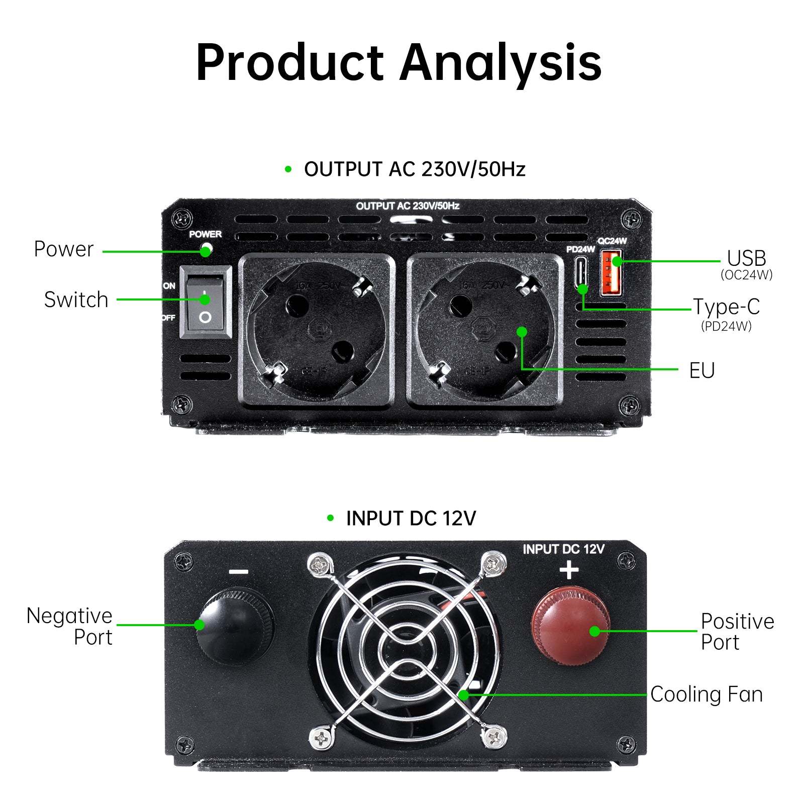 Pure sine Inverter 1000w,12v DC to 110v Power Inverters for 1000 watt with Dual AC Outlets 3.0A USB and Type-C【US stock】