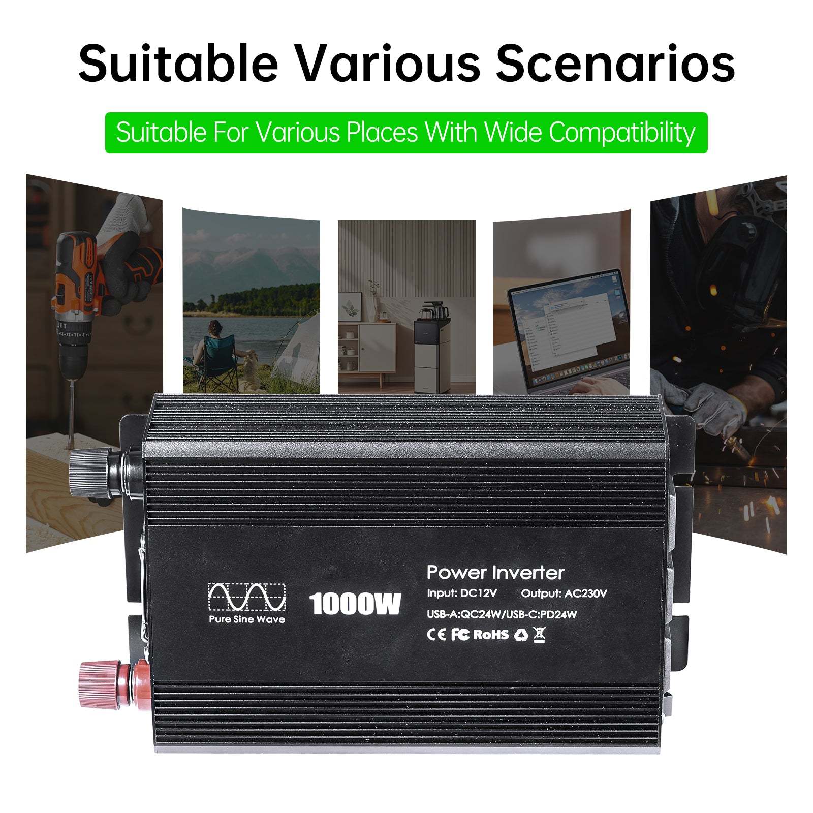 Pure sine Inverter 1000w,12v DC to 110v Power Inverters for 1000 watt with Dual AC Outlets 3.0A USB and Type-C【US stock】