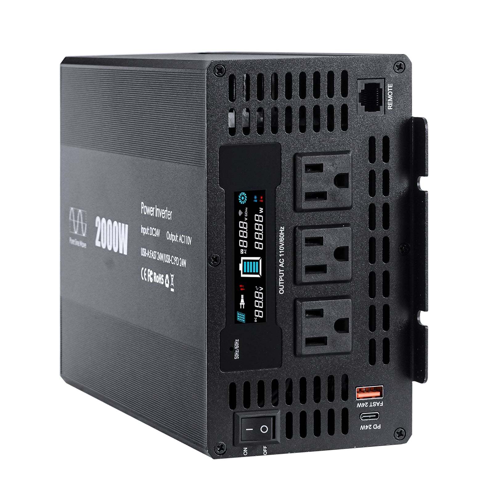 Pure sine Inverter 2000w,24v DC to 110v Power Inverters for 2000 watt with Dual AC Outlets 3.0A USB and Type-C【US stock】 Inverter 2000w,24v DC to 110v