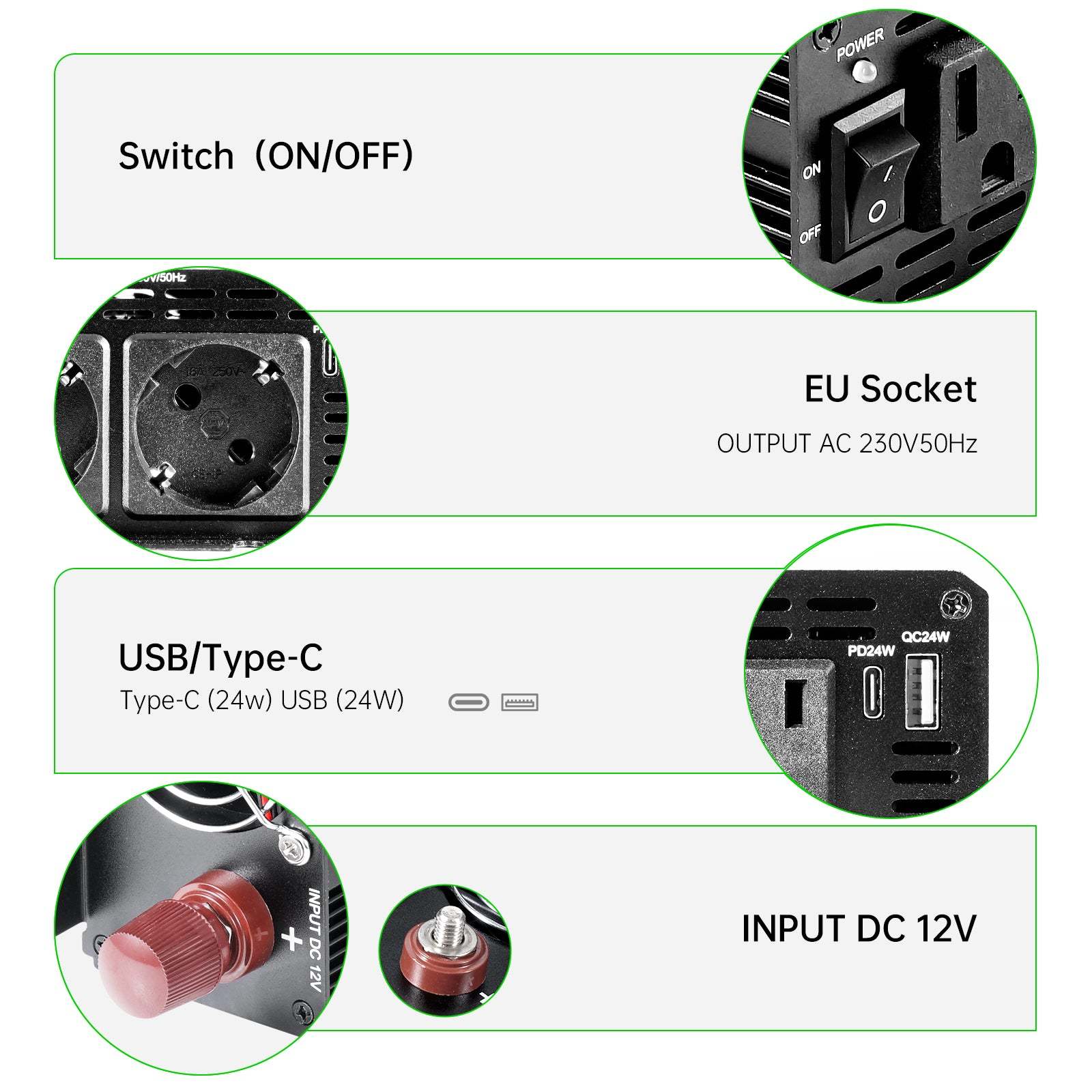 Pure sine Inverter 1000w,12v DC to 110v Power Inverters for 1000 watt with Dual AC Outlets 3.0A USB and Type-C【US stock】