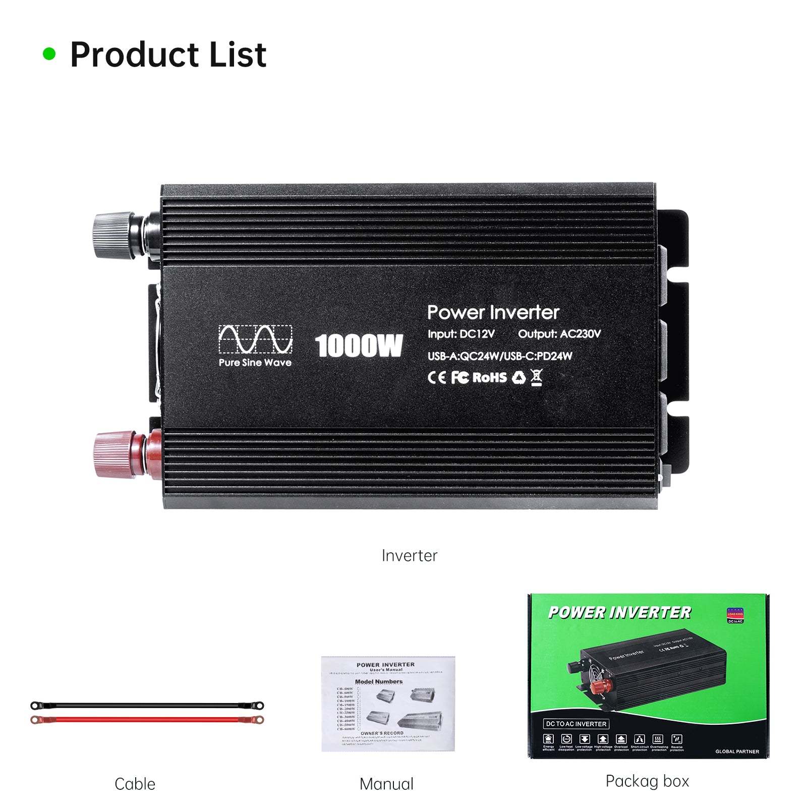 Pure sine Inverter 1000w,12v DC to 110v Power Inverters for 1000 watt with Dual AC Outlets 3.0A USB and Type-C【US stock】