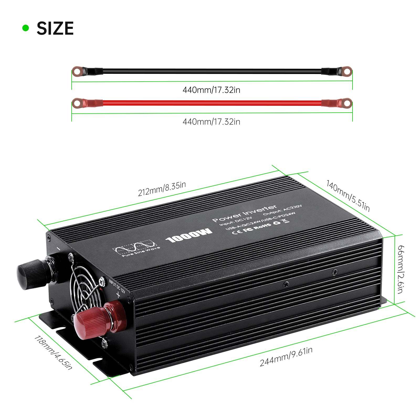 Pure sine Inverter 1000w,12v DC to 110v Power Inverters for 1000 watt with Dual AC Outlets 3.0A USB and Type-C【US stock】