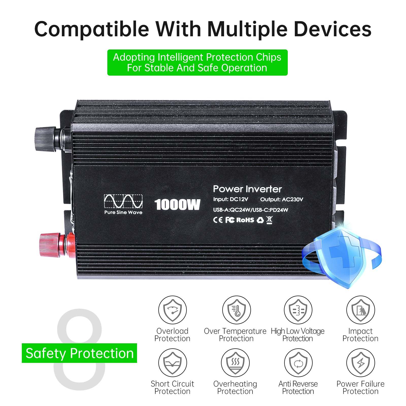 Pure sine Inverter 1000w,12v DC to 110v Power Inverters for 1000 watt with Dual AC Outlets 3.0A USB and Type-C【US stock】