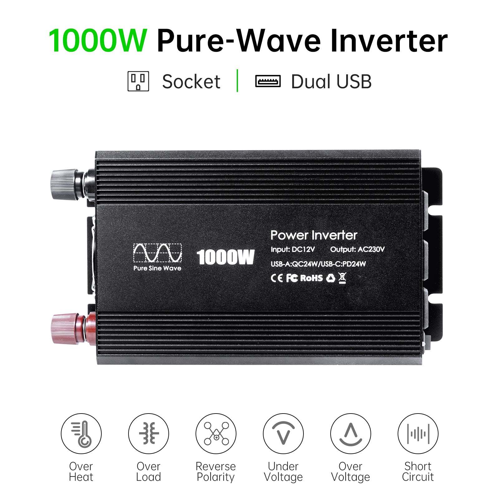 Pure sine Inverter 1000w,12v DC to 110v Power Inverters for 1000 watt with Dual AC Outlets 3.0A USB and Type-C【US stock】