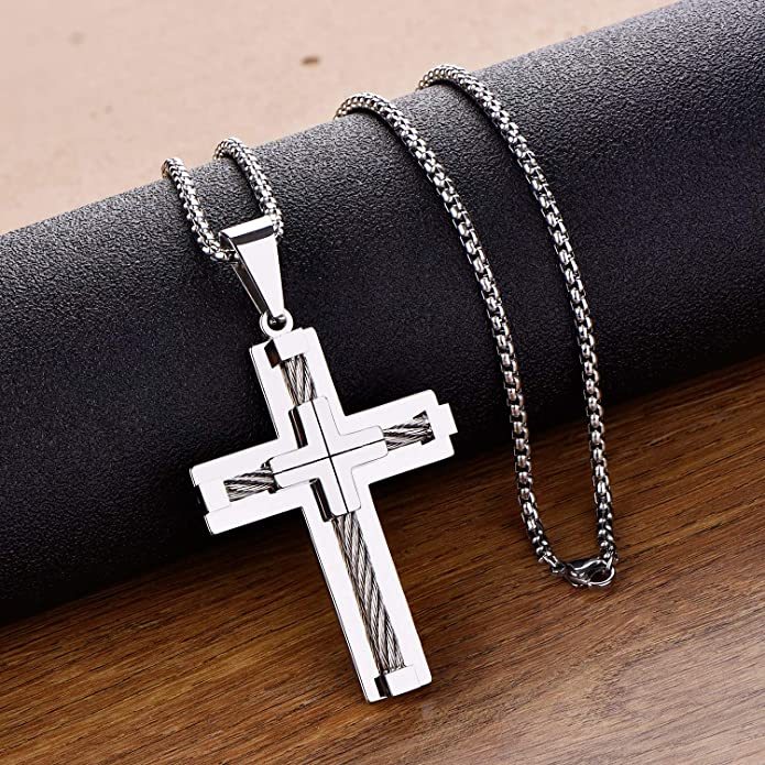 AJIDOU Men's Cross Necklace 316L Stainless Steel Jesus Christ Pendant White/Gold/Black Rolo Chain Jewelry