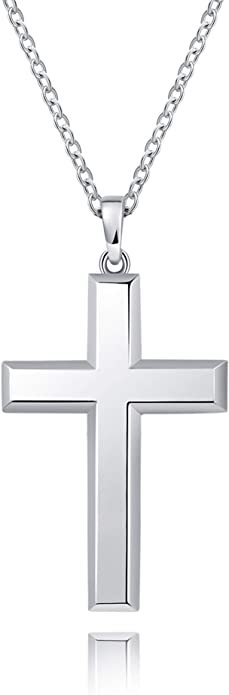 AJIDOU Cool Cross Pendant Long Necklace Classic High Polished Sterling Silver Cross Pendant Necklace Men/Women