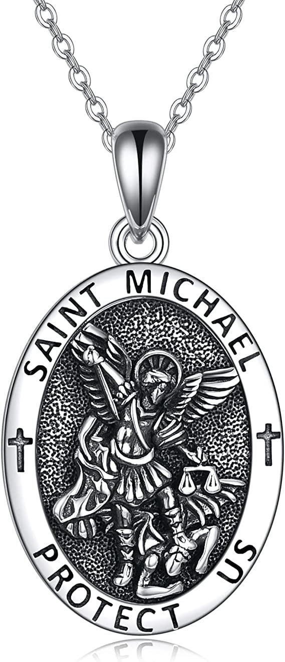 AJIDOU Saint Michael Medal Necklace 925 Sterling Silver Saint Archangel  Michael Coin Pendant Necklace Women Men Protection J