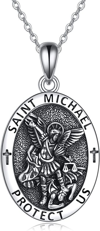 AJIDOU Saint Michael Medal Necklace 925 Sterling Silver Saint Archangel Michael Coin Pendant Necklace Women Men Protection Jewelry,