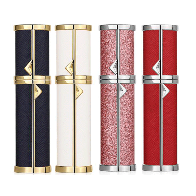 Flacone da viaggio tascabile di alta moda con riempimento dal basso, flacone vuoto da 5 ml per profumo spray in pelle con riempimento dal basso, prodotto all'ingrosso.