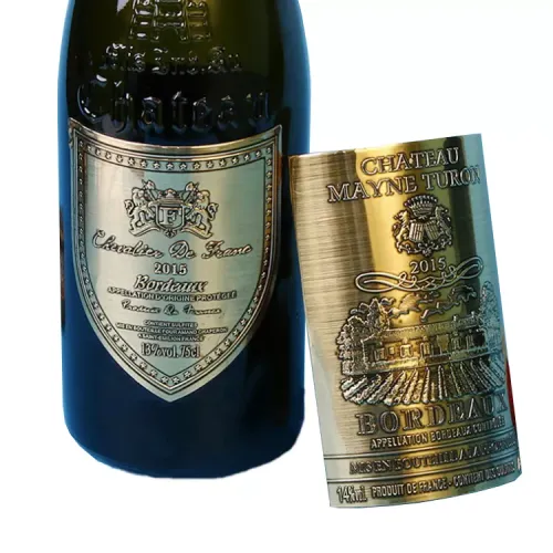 Etichetta metallica personalizzata con stampa laser, etichette impermeabili personalizzate per bottiglie di vino, logo adesivo in metallo.