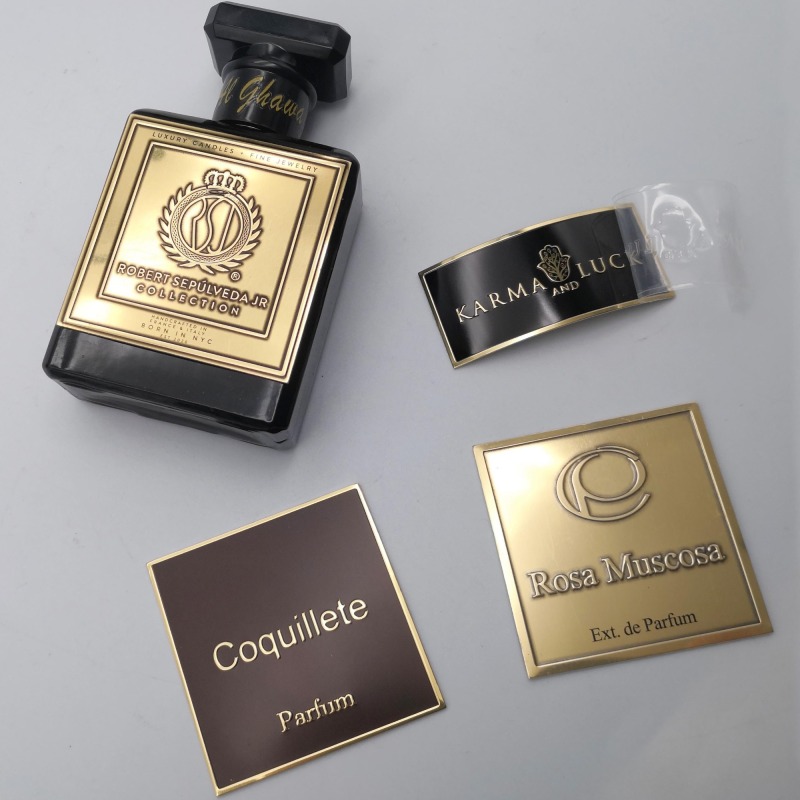 Étiquette de bouteille en aluminium personnalisée en relief, Logo en métal, autocollant en métal de parfum, étiquette de vin en métal, étiquettes de marque