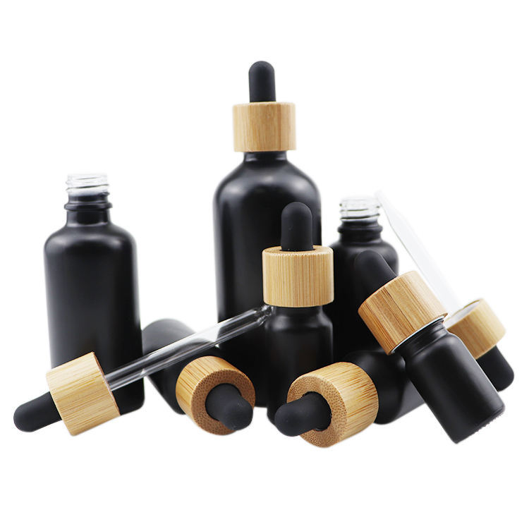 30ML 1OZ Cosmetic cCuticle Hair Essential Oil Bottles 30ml Frosted Black Glass Dropper Bottle With Bamboo Lid Top