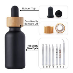 30ML 1OZ Cosmetic cCuticle Hair Essential Oil Bottles 30ml Frosted Black Glass Dropper Bottle With Bamboo Lid Top