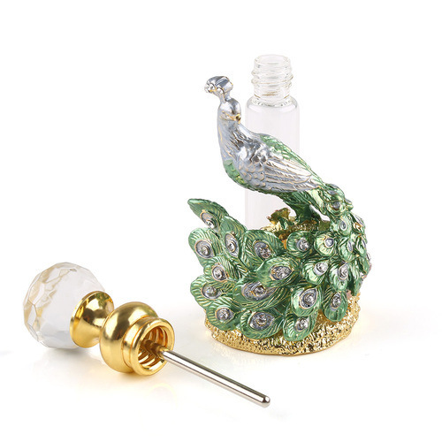 Flacone di profumo vintage in smalto - Vetro e metallo con design a pavone per oli essenziali e travaso