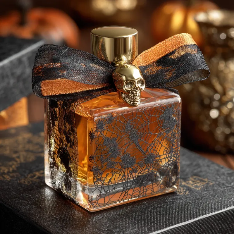Halloween Perfume Bottles with Custom Bows & Metal Charms | Luxury Seasonal Packaging
