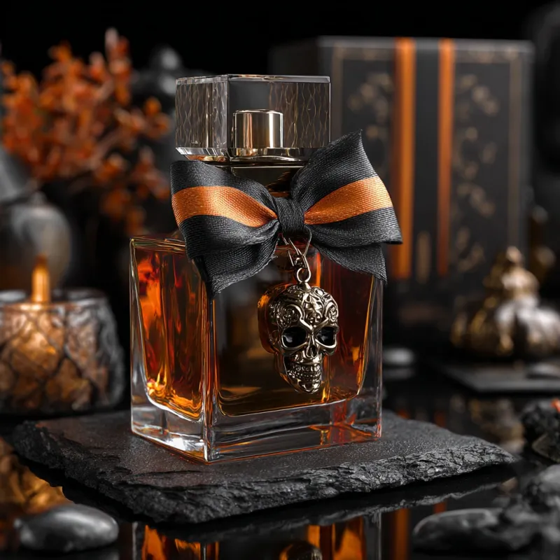 Halloween Perfume Bottles with Custom Bows & Metal Charms | Luxury Seasonal Packaging