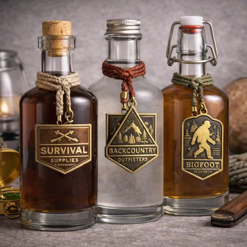 Etichette metalliche personalizzate per bottiglie, ispirate al mondo del campeggio, con targhette in metallo incise, corde intrecciate e dettagli in pelle. Ideali per il packaging di liquori, alimenti e bevande. Quantità minima d'ordine ridotta, possibili