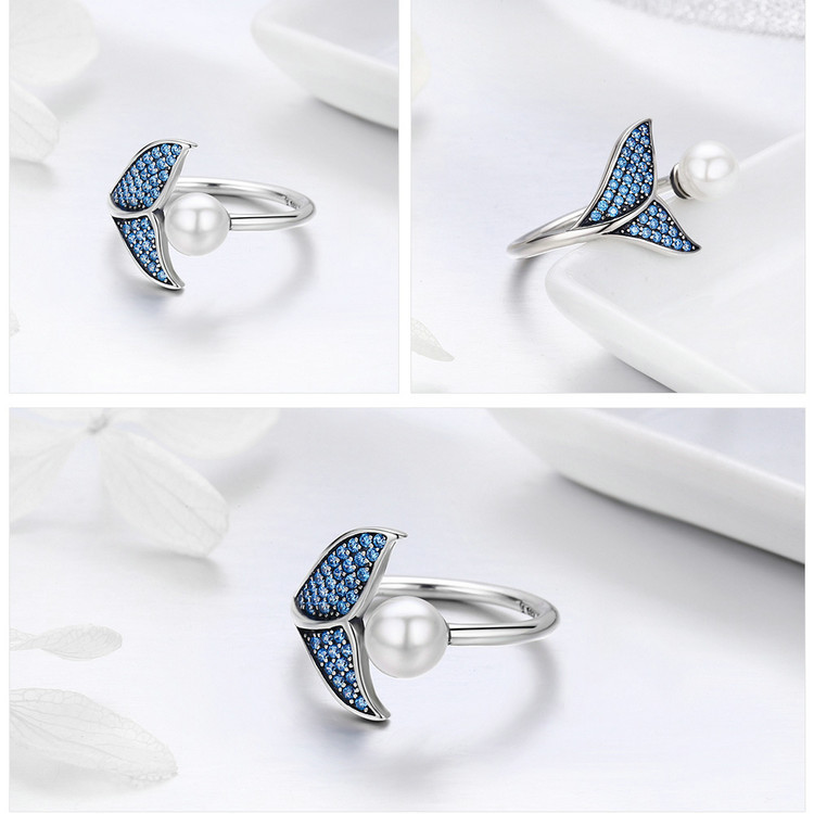 S925纯银开口女镶钻戒指时尚人鱼泡沫珍珠指环
