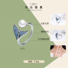 S925 Sterling silver opening lady's diamond ring fashion mermaid pearl ring