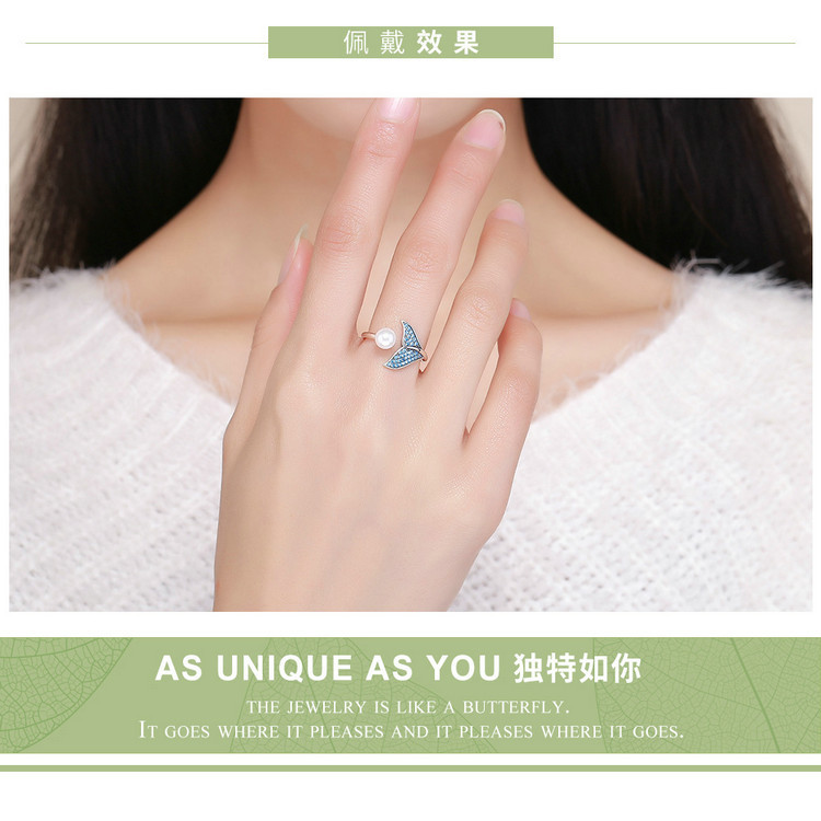 S925纯银开口女镶钻戒指时尚人鱼泡沫珍珠指环