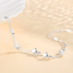 925 sterling silver factory original design four-leaf clover double layer Japanese and Korean style temperament female general bracelet ornaments