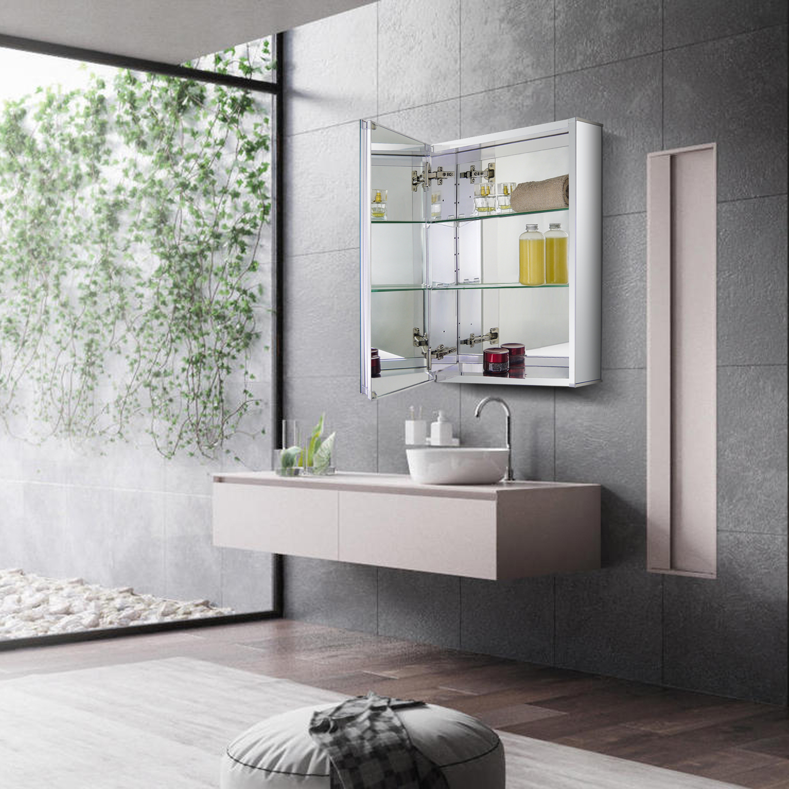 Aluminum Medicine Cabinet with Beveled  Edge Double Sided Mirror Door, Recess or Surface Mount, 15 x 24 Inch