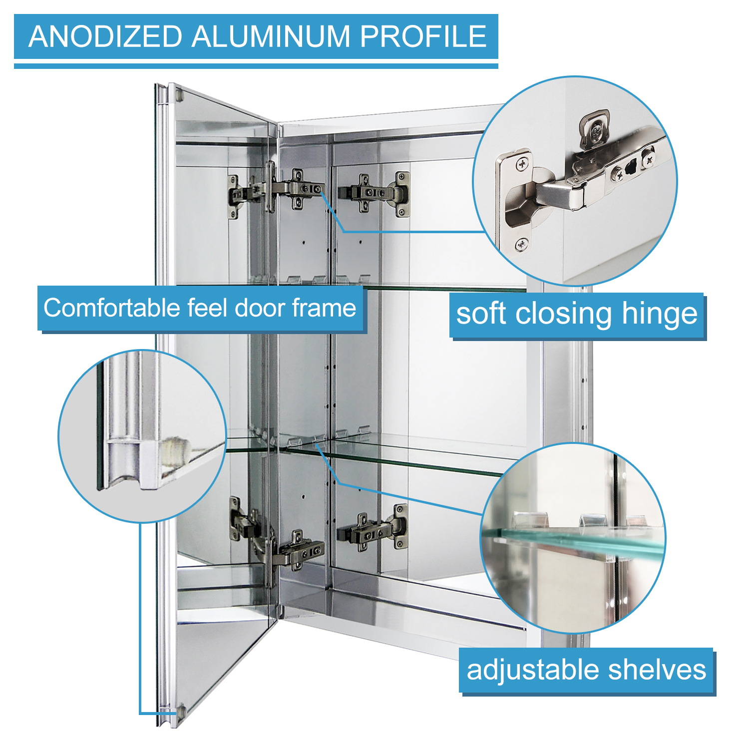Aluminum Medicine Cabinet with Beveled  Edge Double Sided Mirror Door, Recess Mount Only, 15 x 24 Inch