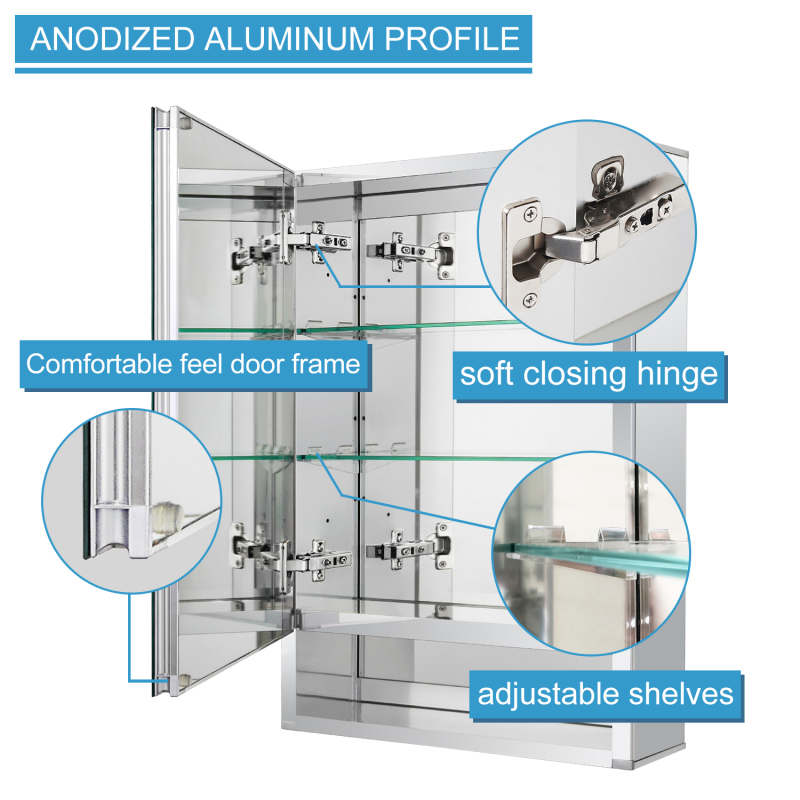 Aluminum Medicine Cabinet with Beveled  Edge Double Sided Mirror Door,with Open-Storage Shelf, Recess or Surface Mount；15 x 26 x 5.24 inch