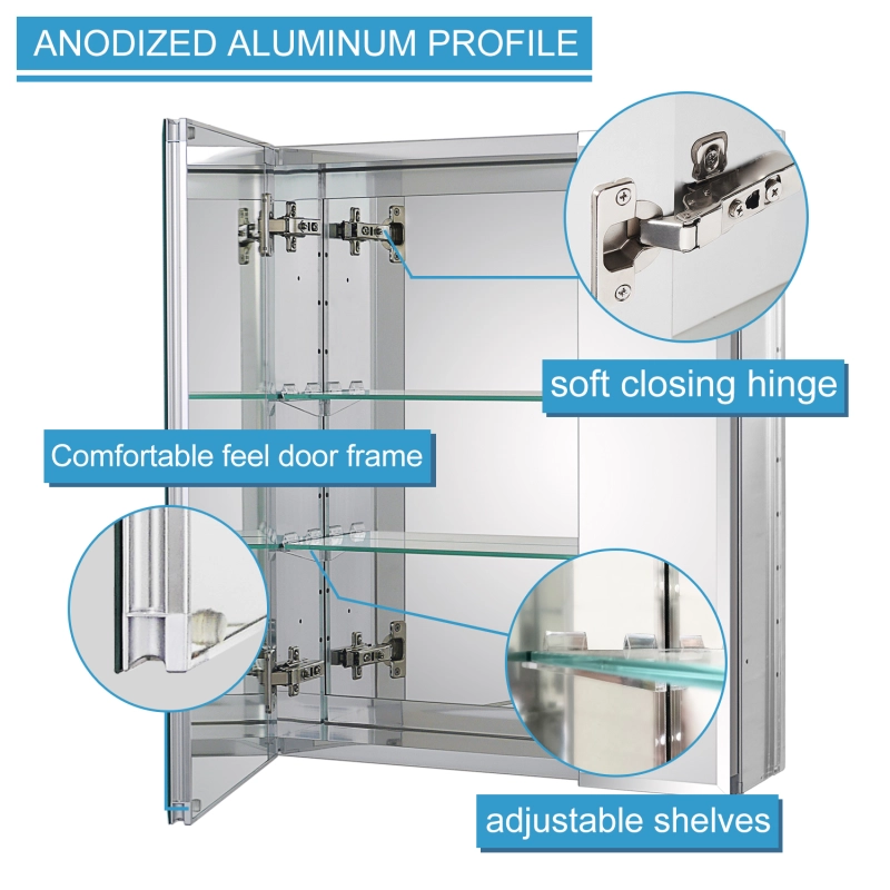 Aluminum Medicine Cabinet with Beveled  Edge Double Sided Mirror Door, Recess Installation Only, 20 x 24 Inch