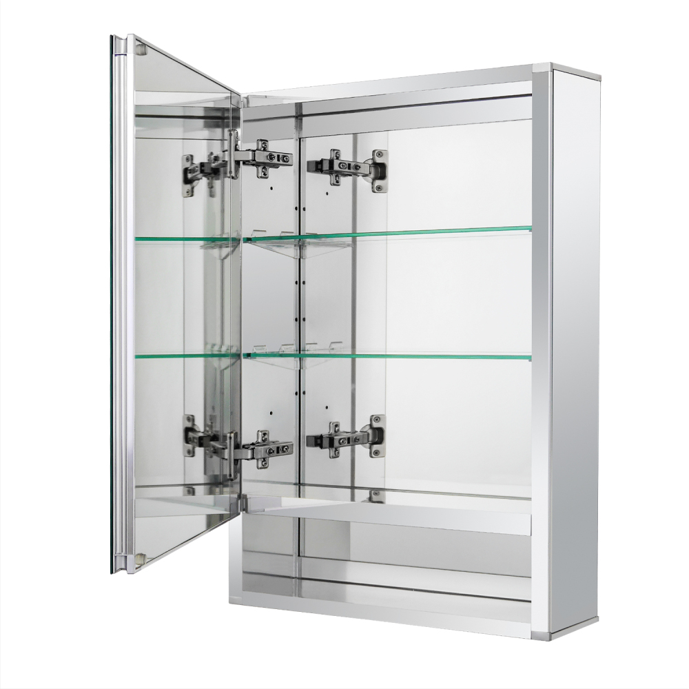 Aluminum Medicine Cabinet with Beveled  Edge Double Sided Mirror Door,with Open-Storage Shelf, Recess or Surface Mount；15 x 26 x 5.24 inch