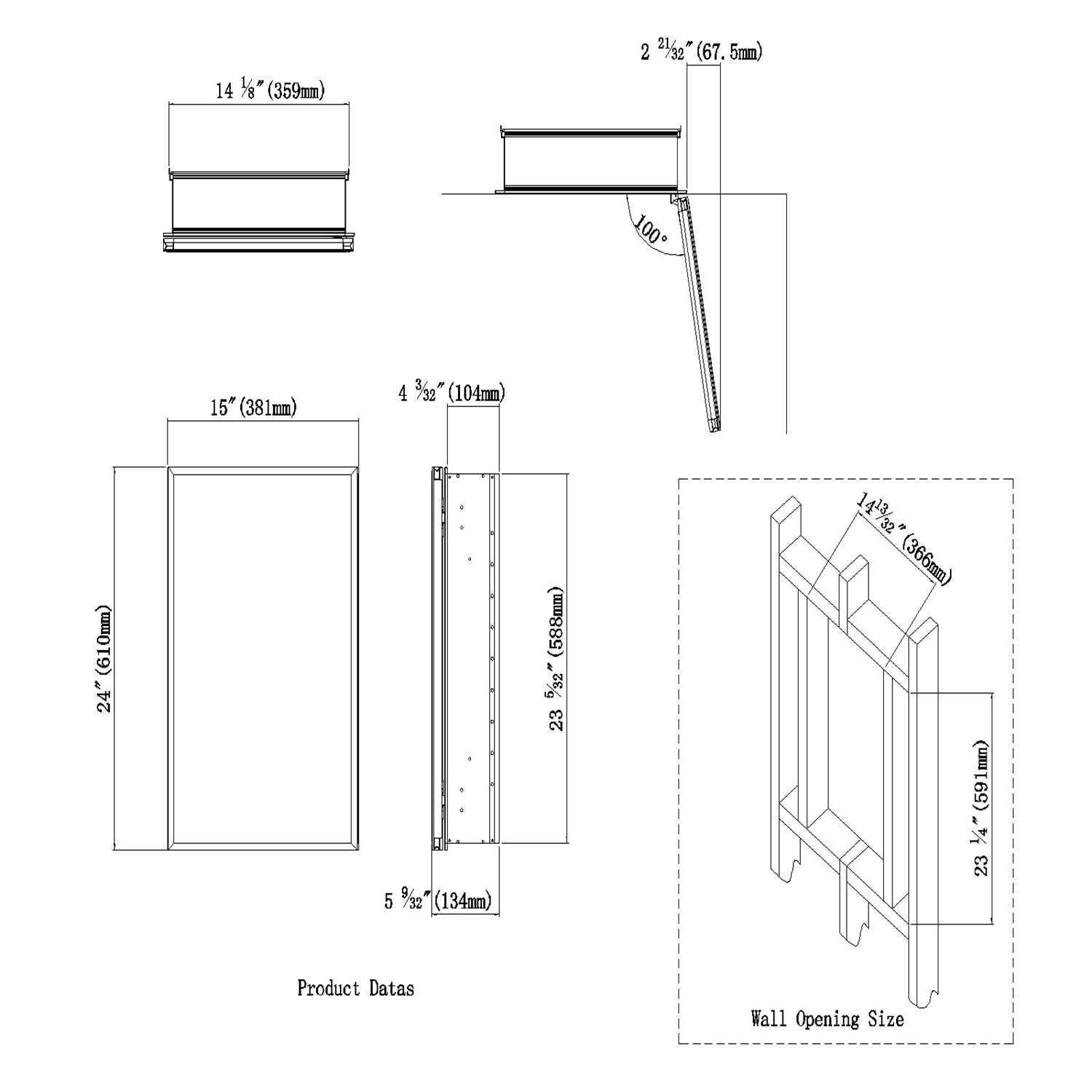 Aluminum Medicine Cabinet with Beveled  Edge Double Sided Mirror Door, Recess or Surface Mount, 15 x 24 Inch