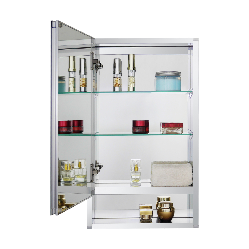 Aluminum Medicine Cabinet with Beveled  Edge Double Sided Mirror Door,with Open-Storage Shelf, Recess or Surface Mount；15 x 26 x 5.24 inch