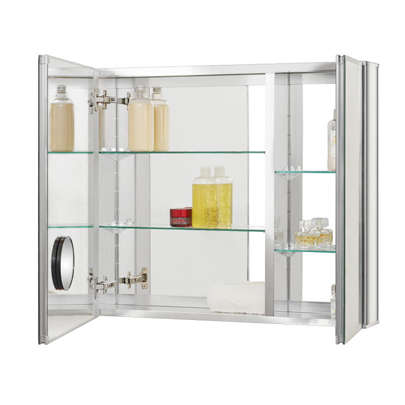 ALuminum Medicine Cabinet with Beveled Edge Double Sided Mirror Door,with 5X Magnifying Makeup Mirror, Recess or Surface Mount ,  30 x 26 inch