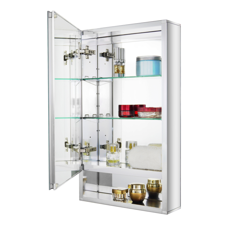 Aluminum Medicine Cabinet with Beveled  Edge Double Sided Mirror Door,with Open-Storage Shelf, Recess or Surface Mount；15 x 26 x 5.24 inch