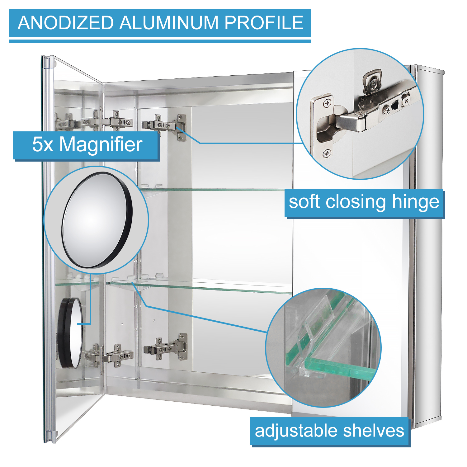 ALuminum Medicine Cabinet with Beveled Edge Double Sided Mirror Door,with 5X Magnifying Makeup Mirror, Recess or Surface Mount ,  30 x 26 inch