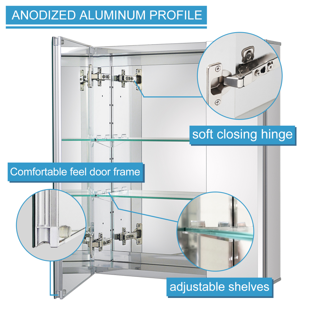 Aluminum Medicine Cabinet with Beveled  Edge Double Sided Mirror Door, Recess or Surface Mount, 20 x 24 Inch