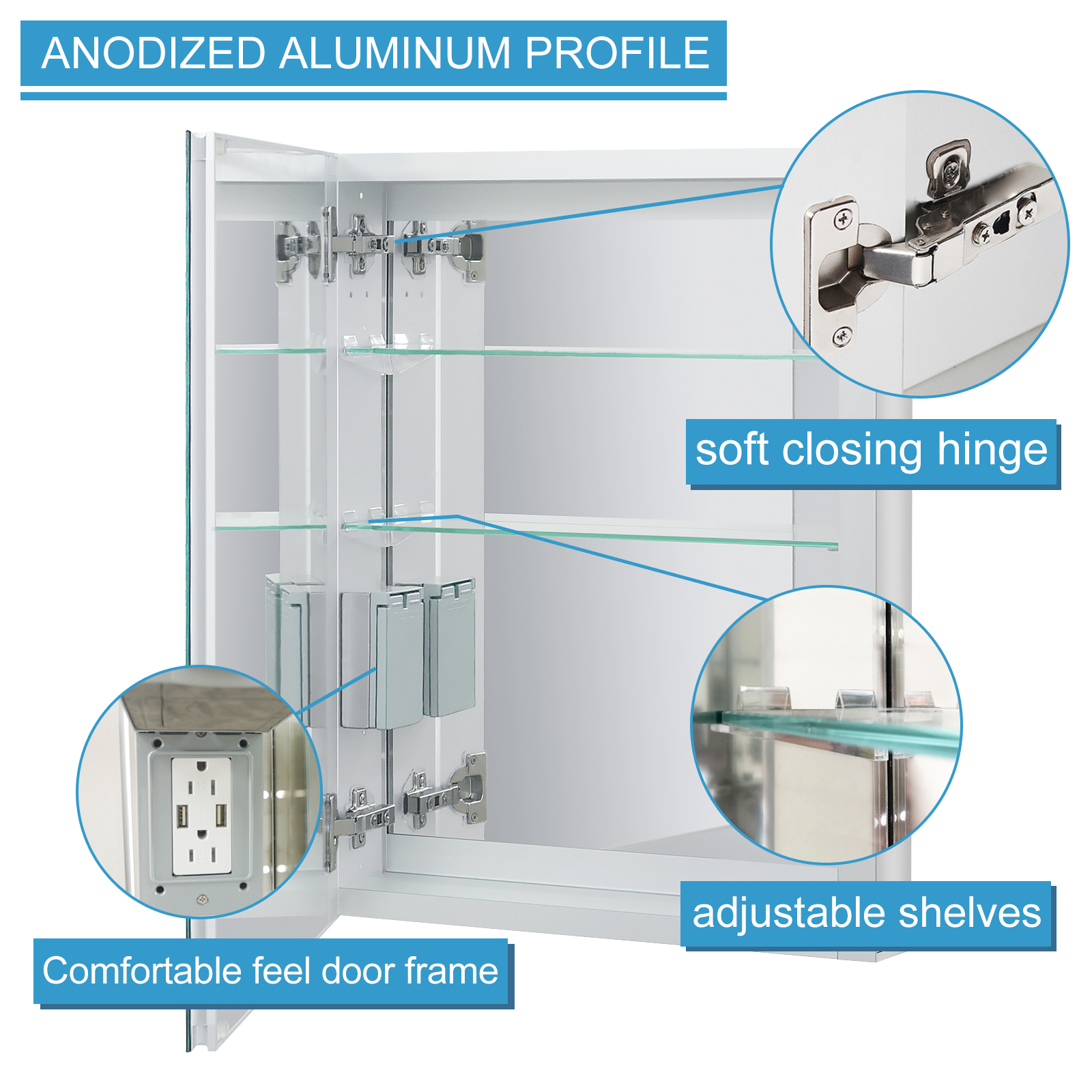 Illuminated Medicine with LED light, Defogger, Dimmer, Outlet and USB charger, Recessed