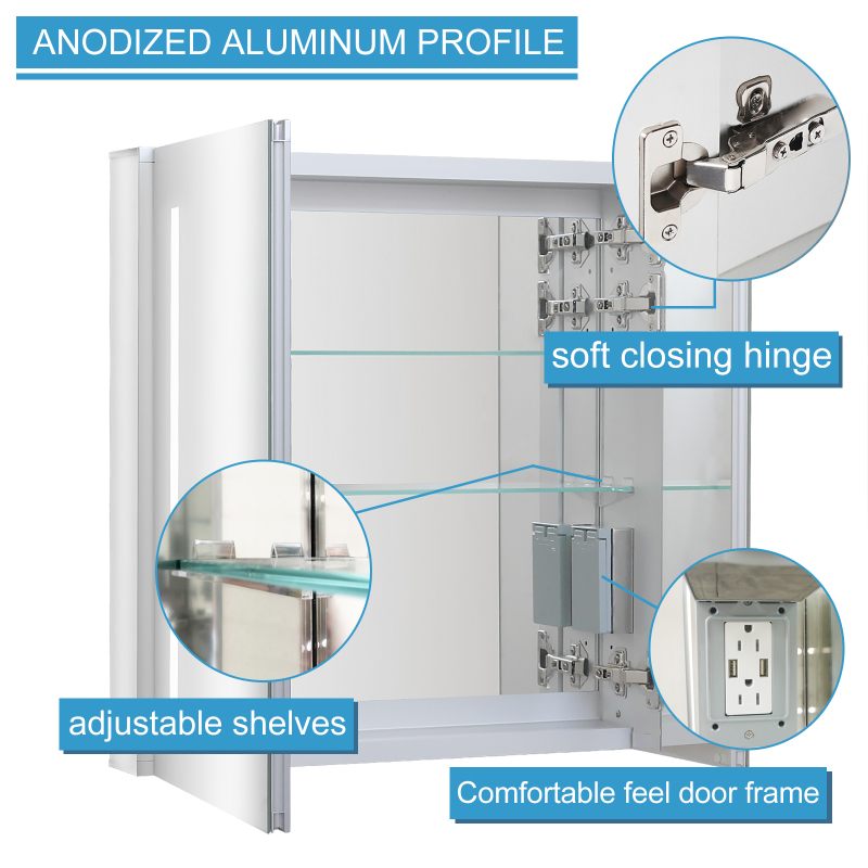 Aluminum LED Bathroom Mirror Cabinet with Defogger, Dimmer, Outlet and USB charger, Recessed or Surface Mount, 24W x 25.5H inch