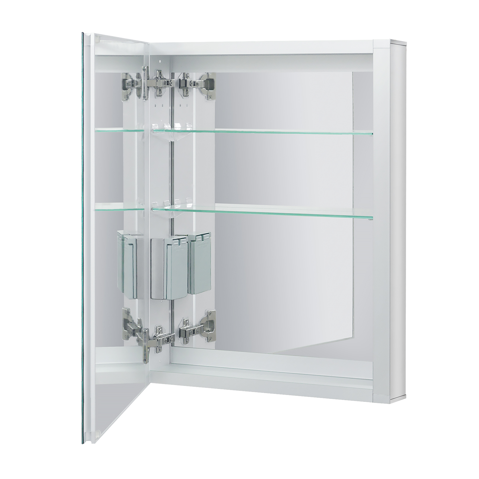Aluminum LED Bathroom Mirror Cabinet with Defogger, Dimmer, Outlet and USB charger, Recessed or Surface Mount, 20W x 25.5H inch
