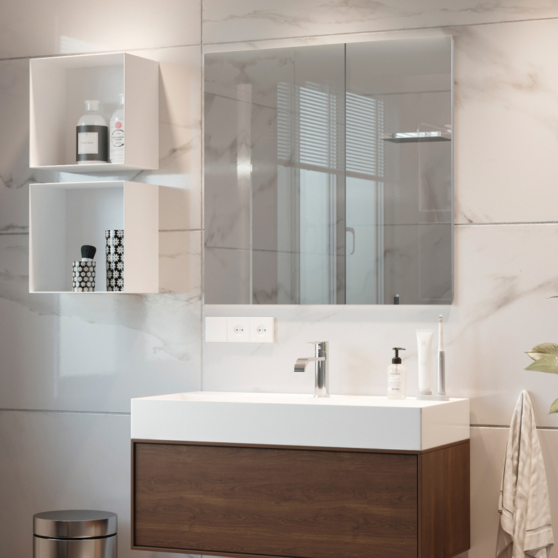 Stainless Steel Medicine Cabinet, Bathroom Mirror Cabinet, with Unique Half-Shelves, Recess and Surface Mount, 23.6 x 25.6 inch